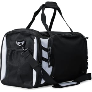 A black and white duffle bag with multiple compartments and a detachable shoulder strap, featuring a logo.