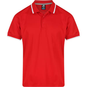 A red polo shirt with a contrasting collar and sleeve details, featuring a logo.