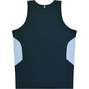 A dark green singlet with light blue side panels and a logo on the back.