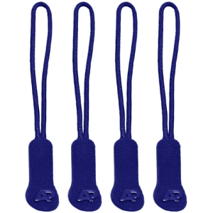 Four purple zip puller accessories, featuring a textured design and a loop for easy attachment.