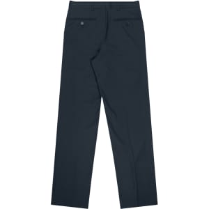 Pleated men's pants in dark navy, featuring back pockets and a straight leg design. Logo present.