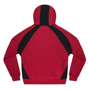 A red hoodie with black accents on the shoulders and hood, featuring a logo.