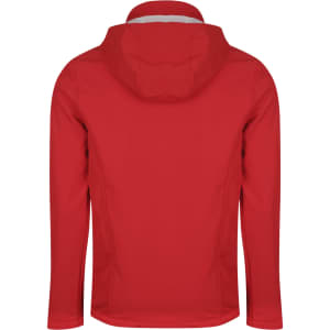 A red jacket with a hood, featuring a smooth finish and no visible branding on the back.
