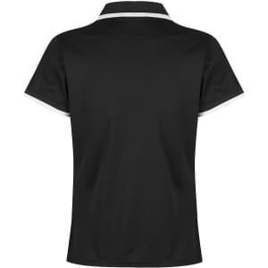 A black polo shirt with contrasting white accents and a collar, featuring a logo on the back.