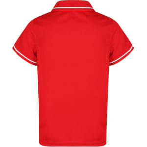 A red polo shirt with a collar and contrasting trim, featuring a logo on the back.