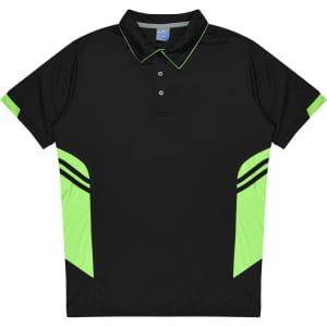 A black polo shirt with neon green accents and stripes on the sides, featuring a collar and buttons.
