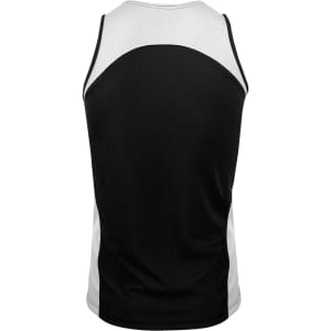 A black and grey men's singlet featuring a logo on the back. The design has a fitted style and is sleeveless.