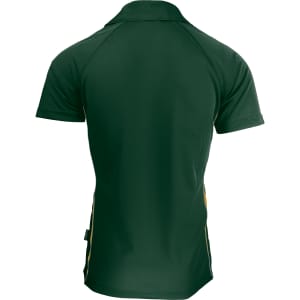 A dark green polo shirt with a fitted design and contrasting side stripes. It features a logo on the front.