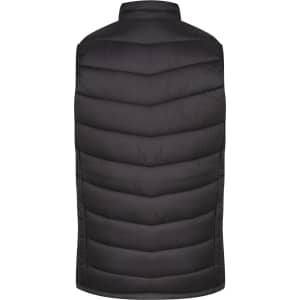 A black puffer vest with a high collar and quilted design, featuring a branding logo.