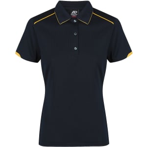 A women's polo shirt in navy with yellow accents, featuring a collar and button placket. It has a logo on the chest.