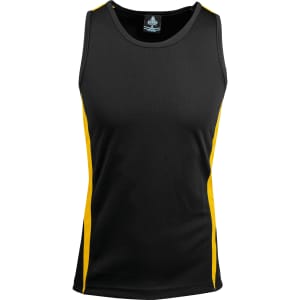 A black singlet with yellow side panels, featuring a logo on the neckline. Ideal for casual and active wear.