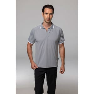 A man wearing a grey polo shirt with contrasting white accents and a logo on the hem.
