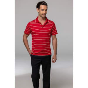 A red and white striped polo shirt is worn by a man standing confidently in black pants. The shirt features a collar and has a logo.
