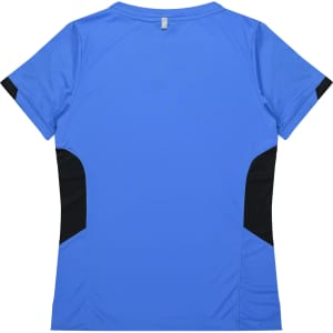 A blue women's t-shirt with black side panels and a logo. The back features a sporty design.