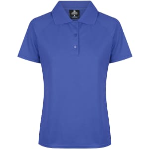 A blue polo shirt with a collar and buttons, featuring a logo on the upper portion.