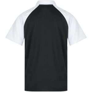 A short-sleeved polo shirt featuring black and white colours with a sporty design and a logo on the front.