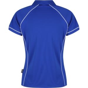 A blue polo shirt with white piping and a logo on the side. The design features a classic collar and short sleeves.