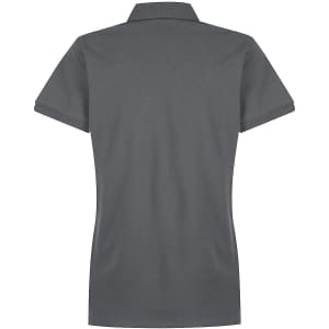 A grey women's polo shirt with a collar and short sleeves, featuring branding on the back.