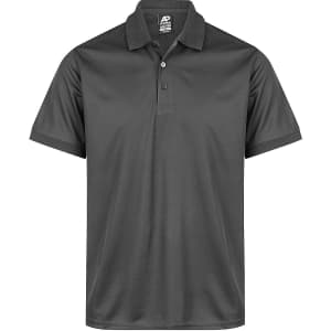 A grey polo shirt with a classic collar and three buttons, featuring a logo on the inside collar.