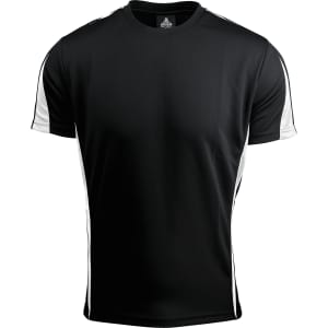 A black t-shirt with white side panels and a logo on the neckline. Suitable for casual wear.