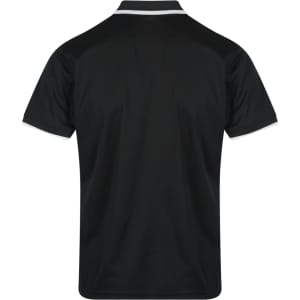 A black men's polo shirt featuring a classic design with contrasting trim and a logo on the back.