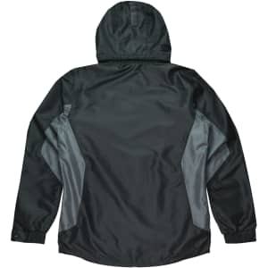 A black men's jacket with grey side panels and a hood, featuring a logo on the back.