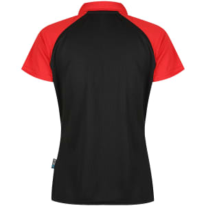 A polo shirt featuring a black body with red sleeves and a logo. The design is sporty and modern.