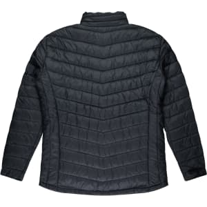 A black jacket with a chevron pattern, featuring a high collar and long sleeves. It has a logo on the back.