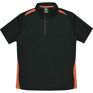 A dark green polo shirt with orange accents and a collar, featuring a logo on the chest.