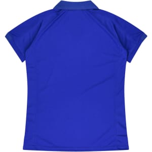 A blue polo shirt featuring a collar and short sleeves, with a simple design and a branding logo.
