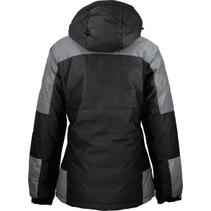 A women's jacket featuring a hood, primarily black with grey accents, showcasing a modern design.