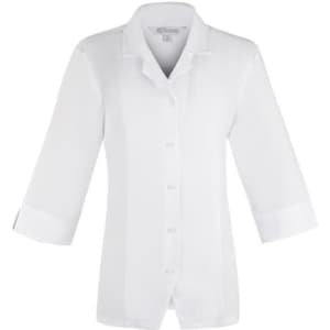 A white button-up shirt with 3/4 sleeves and a collar, featuring a logo on the label.