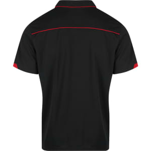 A black polo shirt with red accents and a logo on the back.