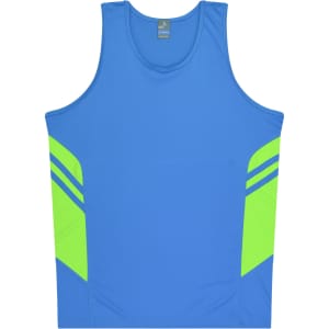 A blue singlet featuring bright green accents and branding. Ideal for active wear or casual outings.