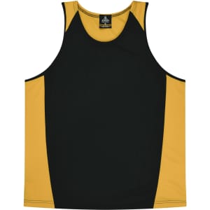 A black and gold singlet featuring contrasting side panels and a simple design, with a logo on the label.