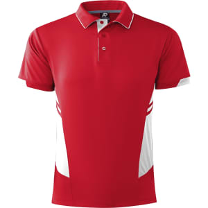 A red men's polo shirt featuring white accents and a logo. Designed for casual wear.