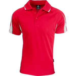 A red polo shirt with grey accents and a logo on the chest. Short sleeves and a classic collar design.
