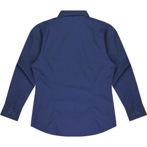 A long-sleeve button-up shirt in navy blue with a tailored back design and buttoned cuffs.