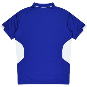 A blue polo shirt featuring white side panels and a collar, with branding on the front.