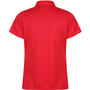 A vibrant red polo shirt featuring a classic collar and short sleeves, with a logo on the back.