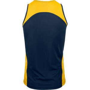 A men's singlet featuring a navy blue body with yellow accents and a logo.