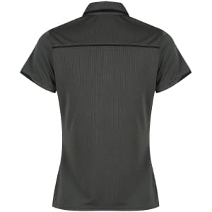 A dark green polo shirt with a collared neck and short sleeves, featuring a logo on the back.