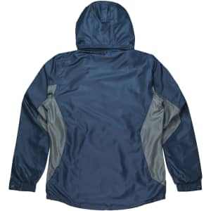 A navy blue jacket with grey side panels and a hood, featuring a lightweight design.