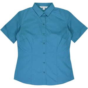 A short-sleeved button-up shirt in a teal colour, featuring a collar and a fitted design. It has a logo on the label.