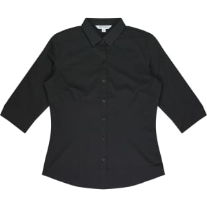 A black 3/4 sleeve button-up shirt with a fitted silhouette and a collar, featuring a logo.