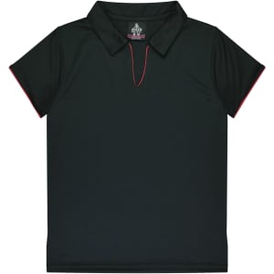 A black polo shirt featuring a collar and red accent details, with a logo at the neckline.