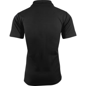 A black polo shirt featuring a branded logo on the back. It has a classic collar and short sleeves.