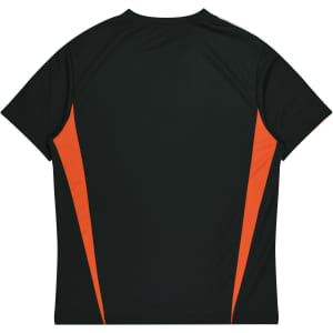 A black t-shirt with orange side panels and a logo on the back. Suitable for kids’ wear.
