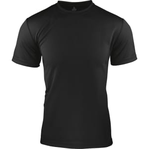 A black men's t-shirt with short sleeves and a smooth fabric texture, featuring a logo.