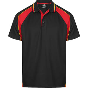 A black polo shirt with red and yellow accents, featuring a collar and a logo.
